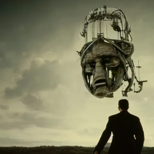 Image similar to movie scene of a man with a big robot head, movie still, acting, cinematic composition, cinematic lighting, Movie by David Lynch and Andrzej Żuławski