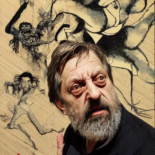 Image similar to slavoj zizek in jojo pose, oil on canvas by takato yamamoto and ruan jia and dave mckean