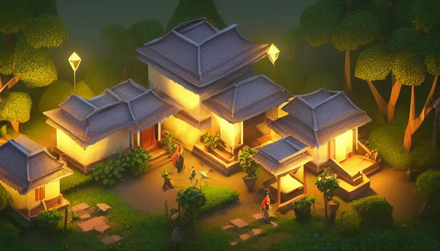 Image similar to a low poly isometric render of moonlit kerala village, with kerala motifs, intricate, elegant, smooth shading, soft lighting, illustration, simple, solid shapes, concept art, by magali villeneuve, jeremy lipkin and michael garmash, rob rey and kentaro miura style, octane render