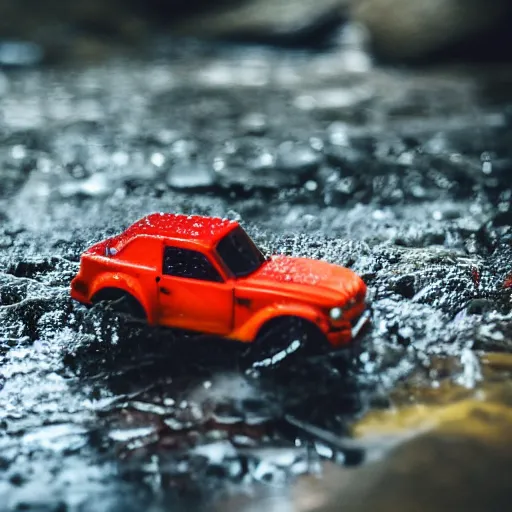 Image similar to macro photography of a toy hot wheels car driving through a creek in the rain, 3 5 mm