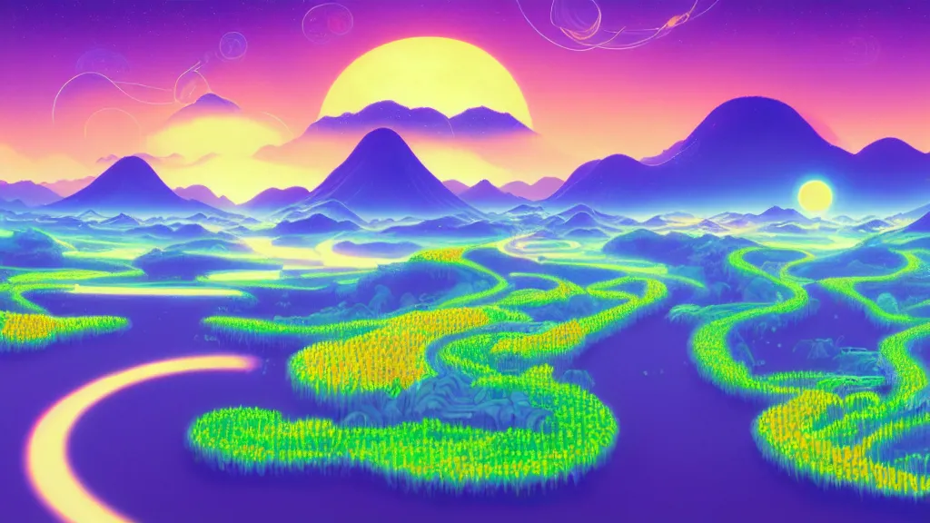 Prompt: digital painting of a lush sinuous river valley by. river. sunset. no mans sky. chiho aoshima. digital render. detailed. beautiful landscape.