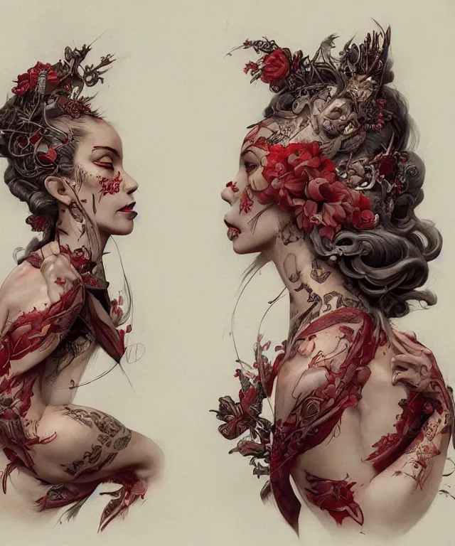 Image similar to ultra realistic illustration, beautiful woman dressed in a crimson kimono, backview, tattoos, in the style of peter mohrbacher by weta digital and beth cavener, high face symmetry, intricate, masterpiece, award winning, high face symmetry, intricate