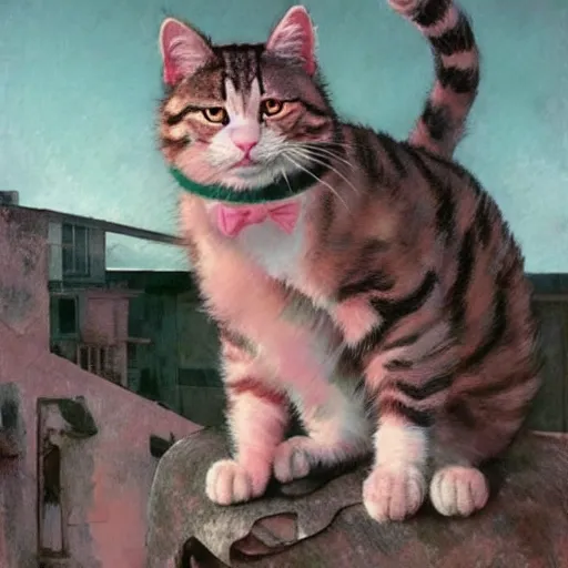 Image similar to absolutely yoked shredded physique fuzzy furry ears Portrait of Lou Ferrigno camouflaged as Tabby Cat whilst wearing a pink tuxedo Standing atop a Garbage Truck Greg Rutkowski Eric Ravilious Paul Cezanne Andrew Wyeth Jamie Wyeth