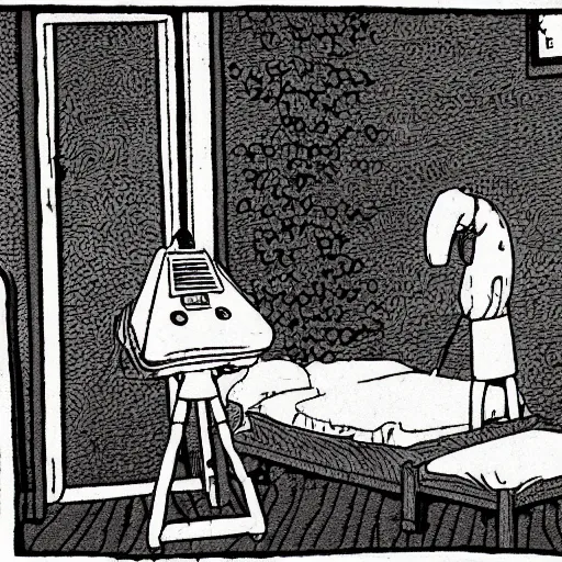 Image similar to dslr of a the far side single - panel comic drawn by gary larson, comprehensive 2 d render, perfect symmetry, intricate, masterpiece, grayscale