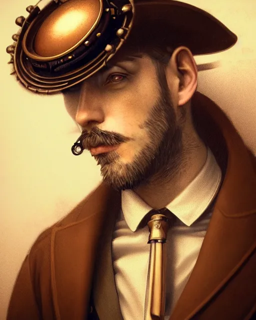 Prompt: steampunk male portrait, handsome, steampunk hat, detective coat, steampunk monocle, smoking pipe, hyper realistic 3 d render by ilya kuvshinov, peter mohrbacher, greg rutkowski, ryohei hase, dramatic lighting, intricate, highly detailed, sharp focus, luminous, unreal engine, blender, deviant art, masterpiece, ray tracing