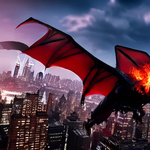 Image similar to a black dragon with red eyes, and flaming fire out his mouth, flying through the sky, above new york city. Unreal Engine, Cinematic, 8K hyperrealistic, live-action.