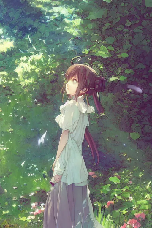 Image similar to a depressed digital art, loli in dress, garden, green and warm theme, blue accents, back lighting, highly detailed, 4 k resolution, trending on art station, by krenz cushart and mucha and akihito yoshida and greg rutkowski and makoto shinkai