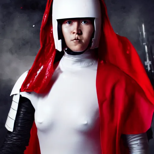 Prompt: a young female soldier with soot stained face, no makeup, in glossy sleek white bloodstained dinged scuffed armor , long torn red cape, heroic posture, determined expression, no helmet, on the surface of mars, dramatic lighting, cinematic, sci-fi, hyperrealistic, detailed