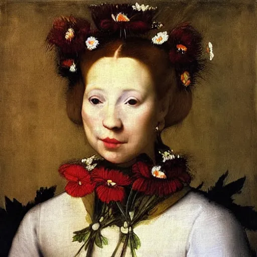 Image similar to “portrait of a redhair women with flowers over her head and a white dress, diego velazquez style, sharp focus, detailed”
