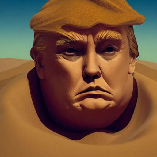 Prompt: the giant sand sculpted face of donald trump as baron vladimir harkonnen emerging from a sand dune, cinematic, surrealistic, supernatural, artstation