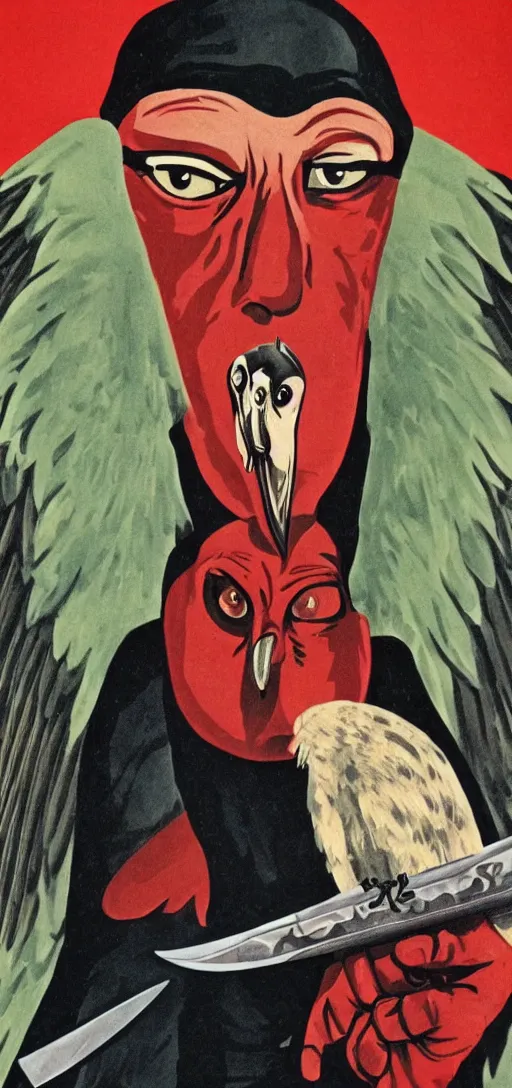 Prompt: mistery man in hood and red eyes with a knife, and a vulture, 1940s propaganda poster, full hd,highly detailed