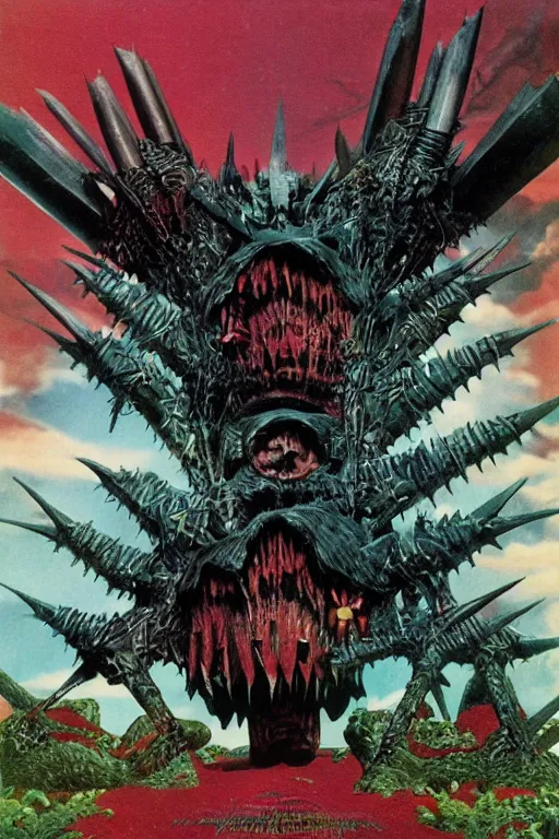 Image similar to a tokusatsu monster realistic with iron spikes album cover by roger dean