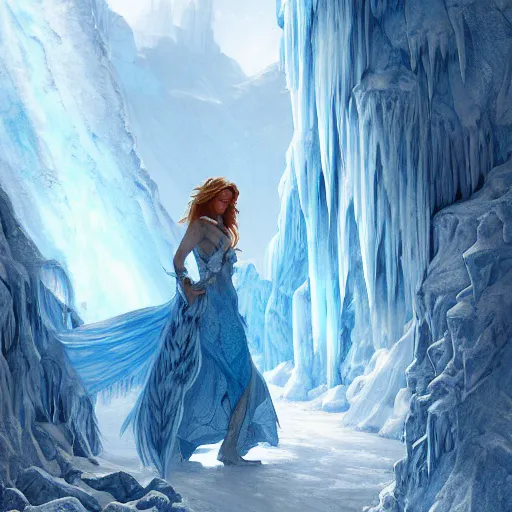 Prompt: ice princess standing in doorway to blue ice glacier fortress, fantasy, intricate, elegant, highly detailed, digital painting, artstation, concept art, matte, sharp focus, illustration, art by artgerm and greg rutkowski and alphonse mucha