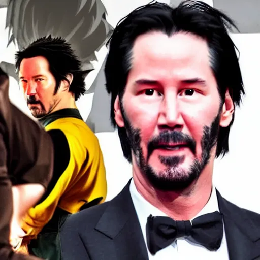 Image similar to keanu reeves portraying songoku in live action dragon ball movie