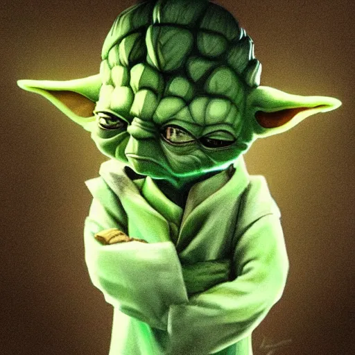 Prompt: Yoda with long black hair, hair down to his shoulders, 80s haircut, long strands of hair, thick hair, concept art, highly detailed, trending on artstation