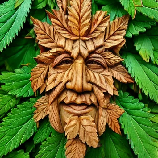 Image similar to deeply carved and stained, highly detailed wood carving depicting the face of the marijuana green man, as if made of obvious cannabis fan leaves, resting in a bed of real cannabis leaves