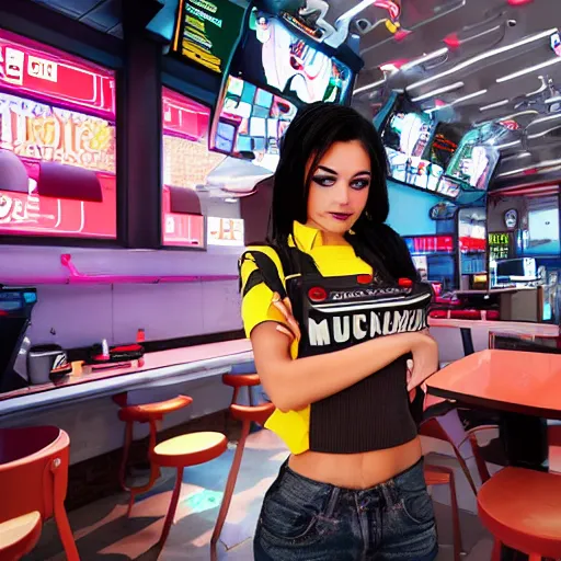 Prompt: a cute cyberpunk girl working in a mcdonaldpunk fastfood restaurant