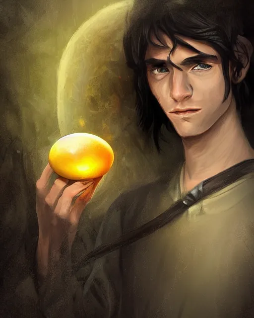 Image similar to portrait of elven teenage boy mage with long black hair holding dragon egg digital painting modern fantasy highly detailed