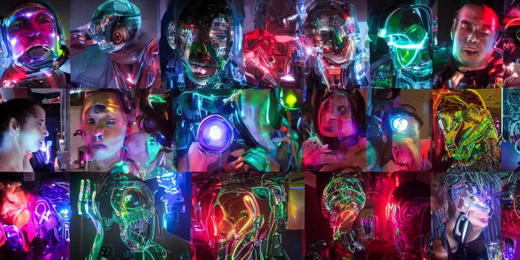 Image similar to diverse groups of cyborgs with glowing electronic bodies, from behind, rebirth, beauty, wide angle, elaborate, wet, highly detailed, colors, beautiful lighting