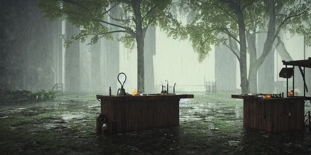 Image similar to blacksmith stall, cyberpunk, rain, in a forest, octane render