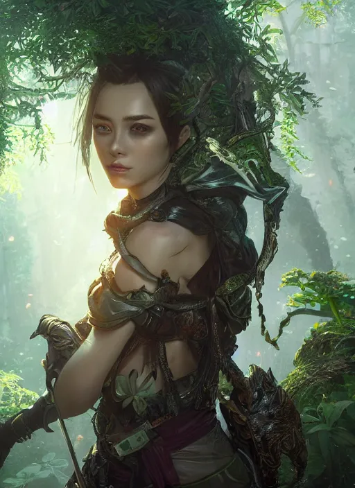 Image similar to Beautiful art portrait of a female fantasy ranger in a bright temple surrounded by lush forest, atmospheric lighting, intricate detail, cgsociety, hyperrealistic, octane render, RPG portrait, ambient light, dynamic lighting