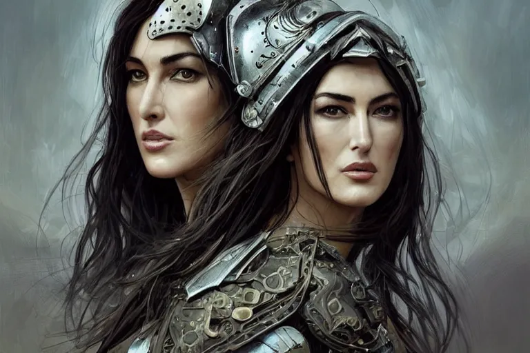 Prompt: a finely detailed portrait of Monica Bellucci, clothed in battle armor, olive skin, long dark hair, beautiful bone structure, symmetrical facial features, intricate, elegant, digital painting, trending on Artstation, concept art, smooth, sharp focus, illustration, from Metal Gear by Ruan Jia and Mandy Jurgens and Artgerm and and william-adolphe bouguerea, award winning