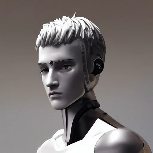 Image similar to “a realistic detailed photo of a guy who is an attractive humanoid who is half robot and half humanoid, who is a male android, twitch streamer Ninja Tyler Blevins, shiny skin, posing like a statue, blank stare”