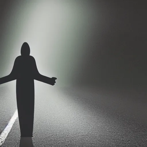 Image similar to a creepy figure standing in the middle of the road, found footage, dark, scary, night
