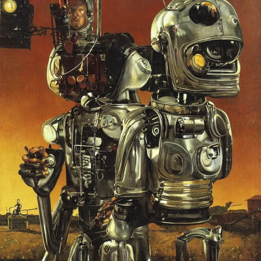 Prompt: portrait painting of a robot made of shiny reflective chrome, painted by norman rockwell. agricultural scene. pulp sci - fi art for omni magazine. high contrast. dark background. baroque period, oil on canvas. renaissance masterpiece. trending on artstation. retrofuturism.