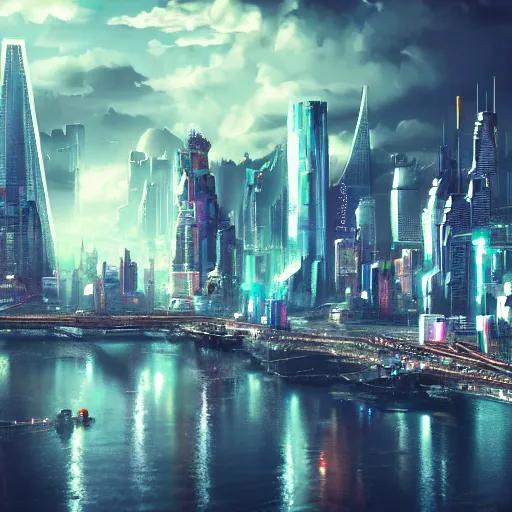 Prompt: cyberpunk city in the clouds columbia # film 3 d 8 k resolution concept art