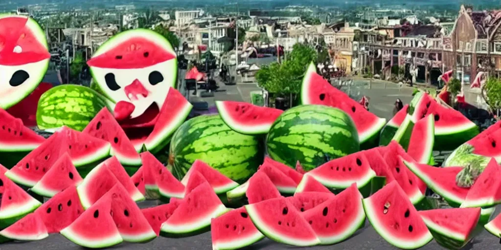 Image similar to YouTube thumbnail about giant watermelon rampage town