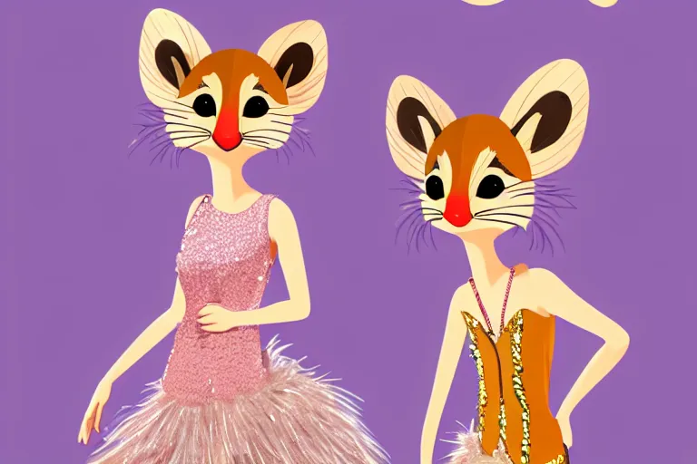 Prompt: detailed flat 2 d : female marten character : wearing jewelry : wearing sequins feathers dress : head legs : sequins shoes : lorax movie : artstation