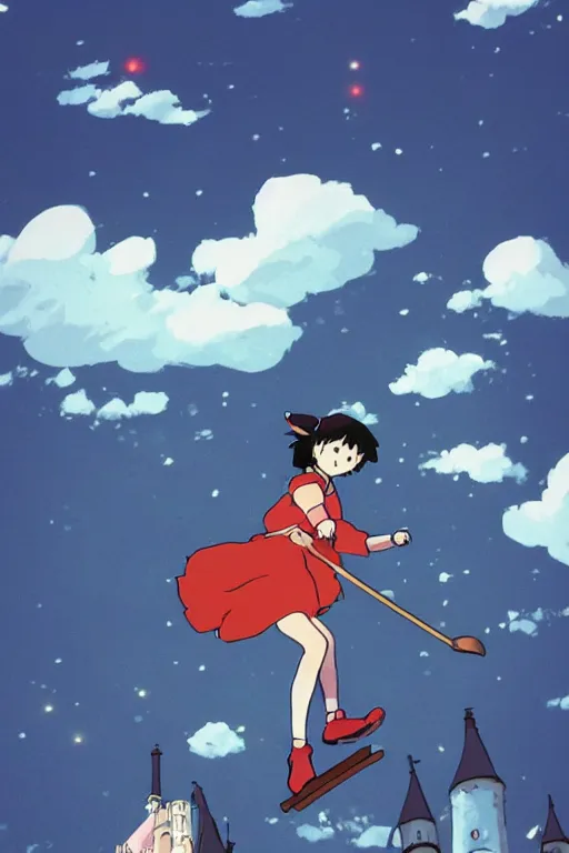 Prompt: Kiki's Delivery Service,A girl on a broomstick flying over the city sky at afternoon ,Medieval Cities ,Eye-catching blue accents,by studio ghibli