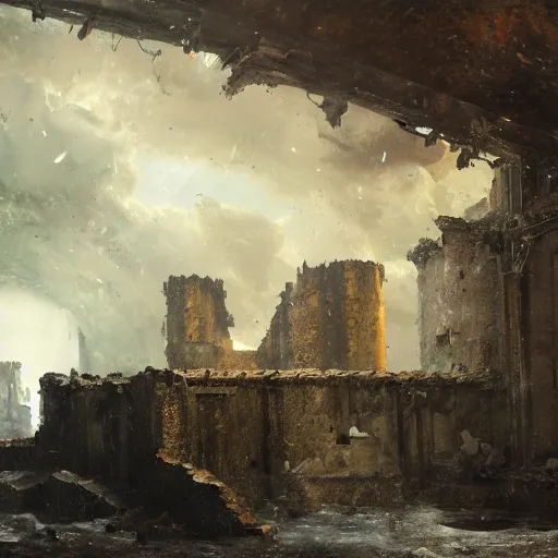 Prompt: Panorama view at broken parts of a castle that are caught in a hurricane, oil painting, by Greg Rutkowski