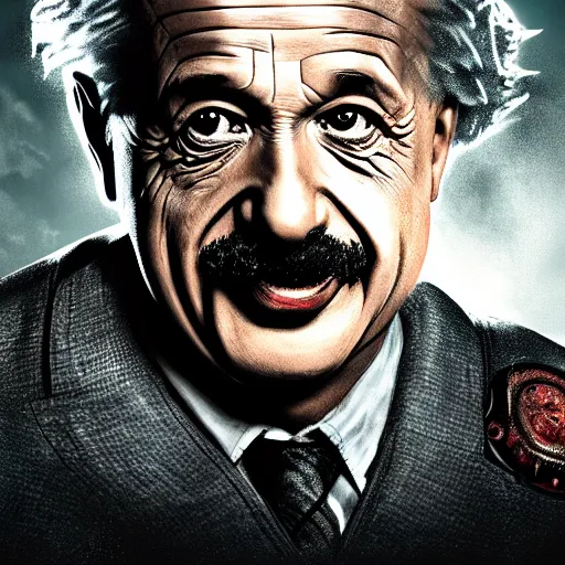 Prompt: 'Albert Einstein'! as Batman in Gears of War, splash art, movie still, detailed face, cinematic lighting, dramatic, octane render, long lens, shallow depth of field, bokeh, anamorphic lens flare, 8k, hyper detailed, 35mm film grain