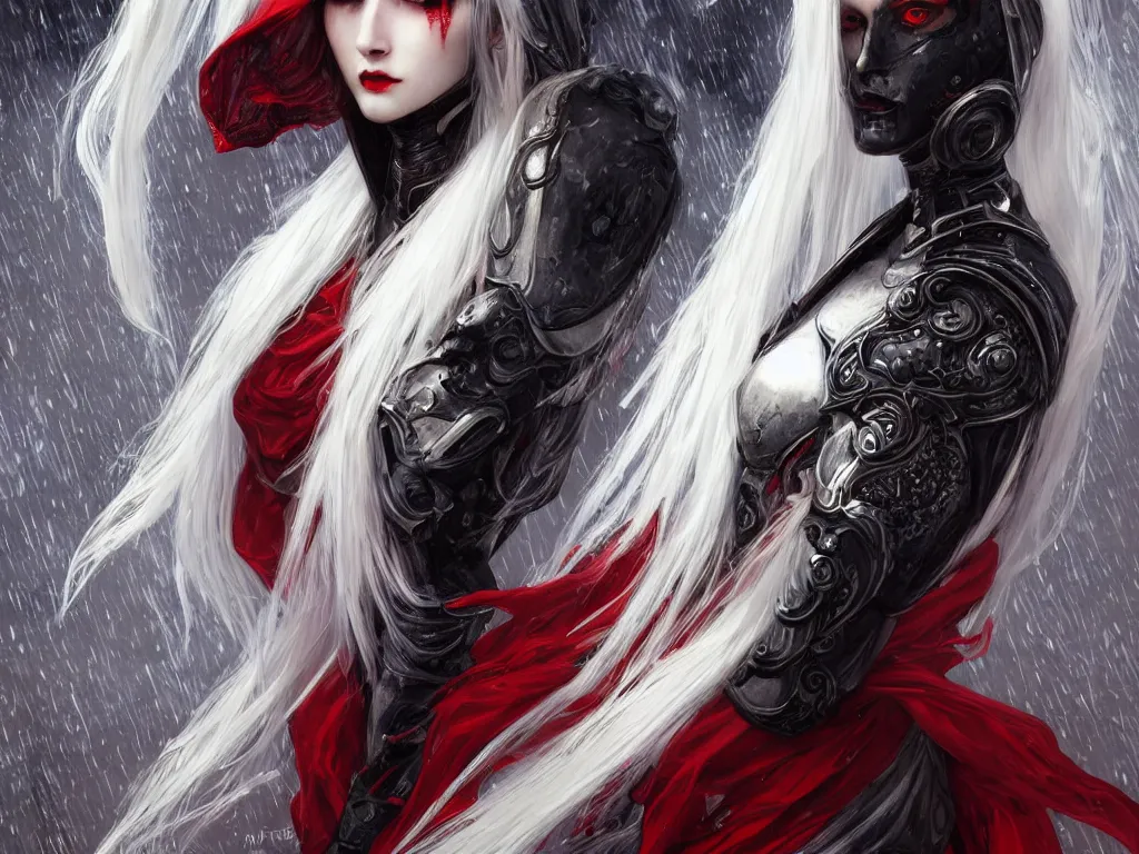 Image similar to portrait white hair sinister knights of zodiac girl + smoky eyes, black fire red color reflected armor, in ruined agora of athens rainy night, ssci - fi and fantasy, intricate and very very beautiful and elegant, highly detailed, digital painting, artstation, concept art, smooth and sharp focus, illustration, art by tian zi and wlop and alphonse mucha