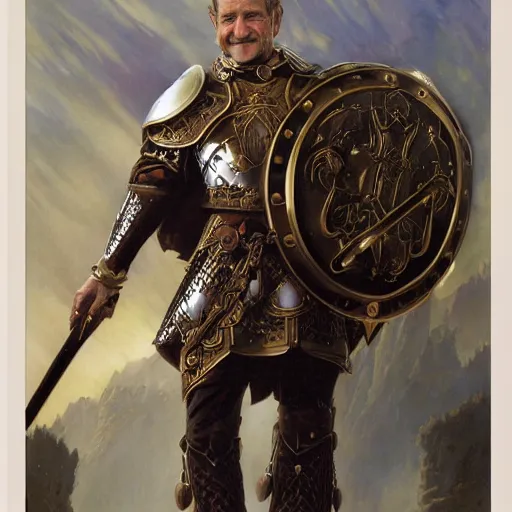 Image similar to an ultradetailed portrait of robin williams dressed as a fantasy holy paladin, carrying a large tower shield, d & d, fantasy, intricate, elegant, highly detailed, digital painting, matte, sharp focus, illustration, plate armor, god rays, art by john collier and albert aublet and krenz cushart and artem demura and alphonse mucha