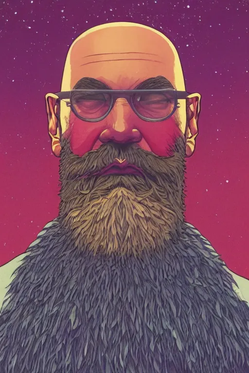 Image similar to a colorful closeup portrait of a bald man with a huge beard tasting a blotter paper of lsd acid and dreaming psychedelic hallucinations in the vast icy landscape of antarctica, by kawase hasui, moebius and edward hopper, colorful flat surreal design, hd, 8 k, artstation