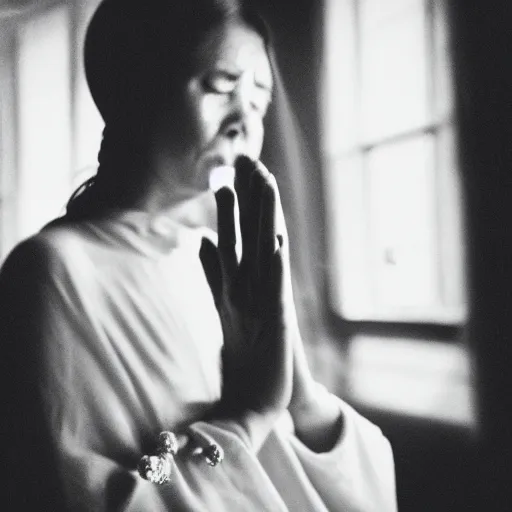 Prompt: 55mm photo of a shrouded sobbing woman praying the rosary