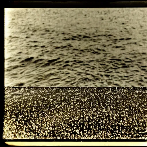 Prompt: 3 5 mm film photo of two broken glass shadows sitting with the sea behind them, hyeperrealistic
