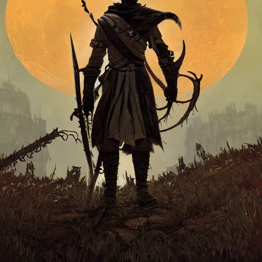 Prompt: an ultra detailed vector image of solaire of astora dressed as the hunter from bloodborne, concept art by alphonse mucha and greg rutkowski, praise the blood moon, octane render, liminal space