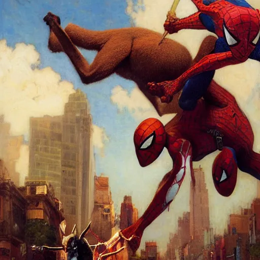 Prompt: a giant kangaroo fighting a giant spiderman on the streets of sydney by gaston bussiere, craig mullins, j. c. leyendecker