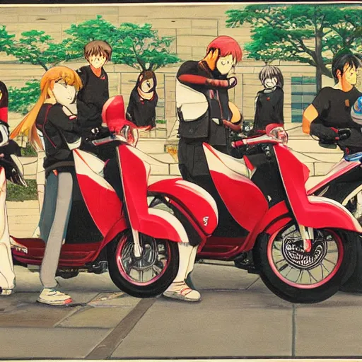 Image similar to anime painting of a japanese scooter meetup, 5 0 ccm, 7 5 ccm