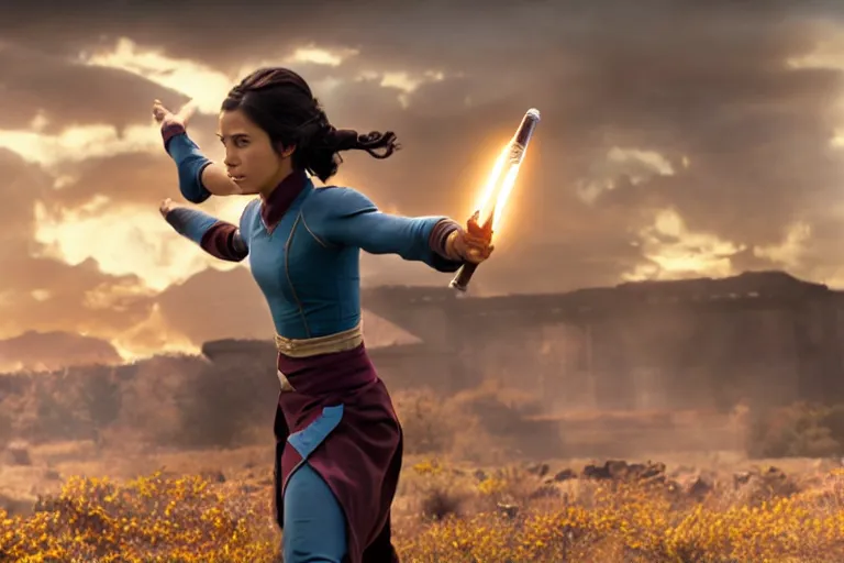 Image similar to live action film still of korra in the new fantasy movie, cinematic lighting