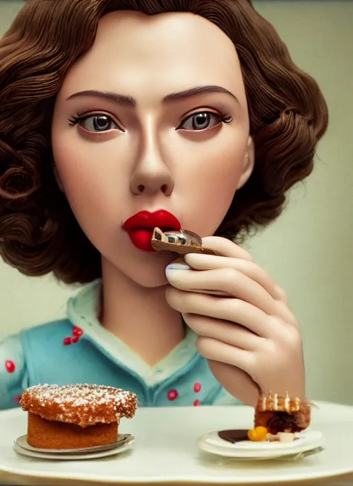 Image similar to closeup portrait of tin toy scarlett johansson eating cakes, depth of field, zeiss lens, detailed, symmetrical, centered, fashion photoshoot, by nicoletta ceccoli, mark ryden, lostfish, earl nore, hyung tae, frank frazetta, breathtaking, 8 k resolution, extremely detailed, beautiful, establishing shot, artistic, hyperrealistic, octane render