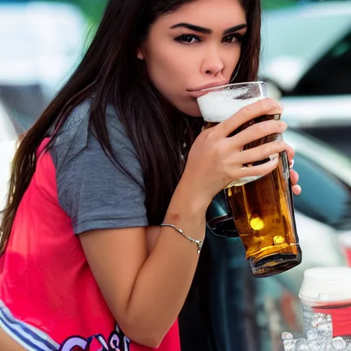 Image similar to 4k,ultra detailed portrait of Madison Beer drinking beer at the parking lot by Rachel Ruysch