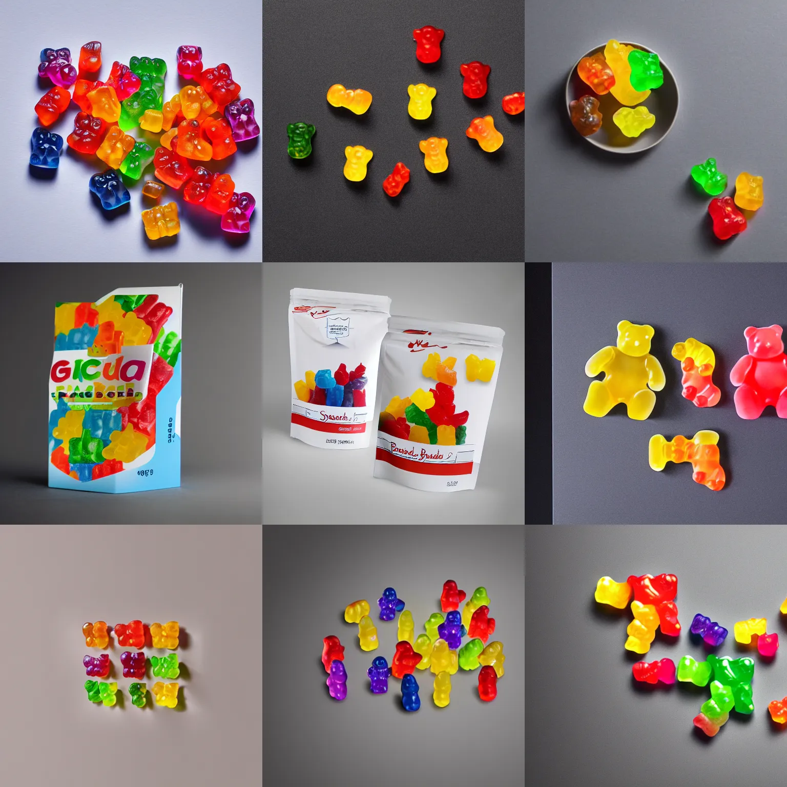 Prompt: original design concept of a packet of gummy bears, studio lighting, modern style