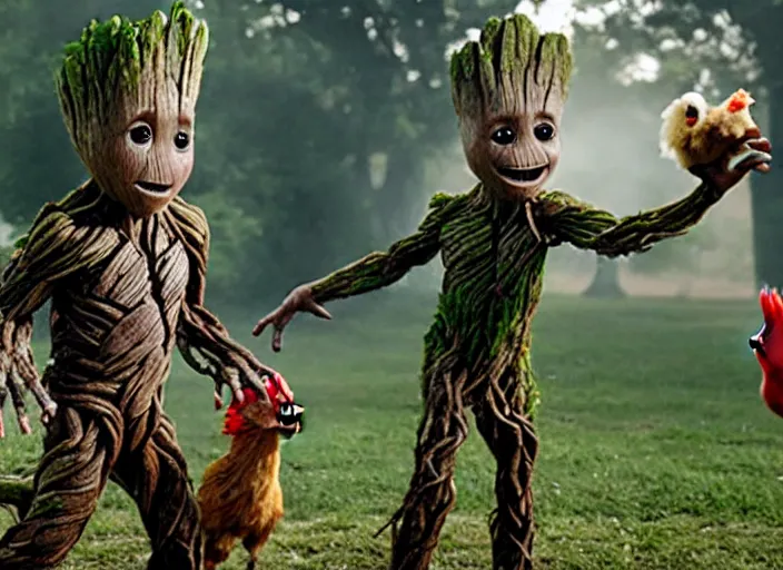 Image similar to film still of young groot having a dance party with a chicken in the new avengers movie, 4 k,