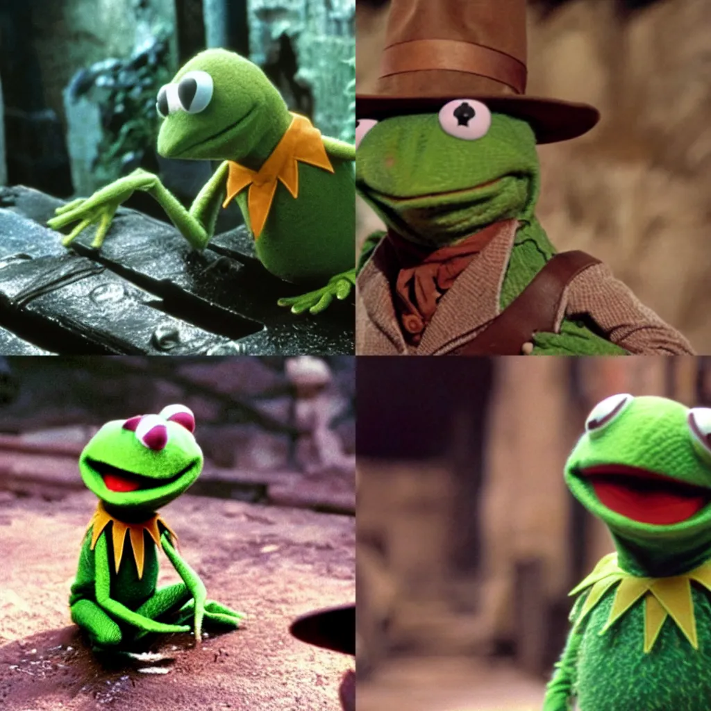 Prompt: still of kermit the frog in indiana jones