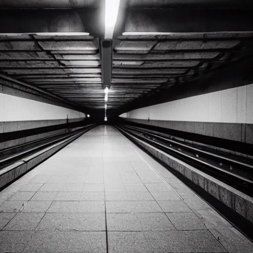 Prompt: flash photograph of an empty underground subway with shadow cryptid standing far away, liminal space